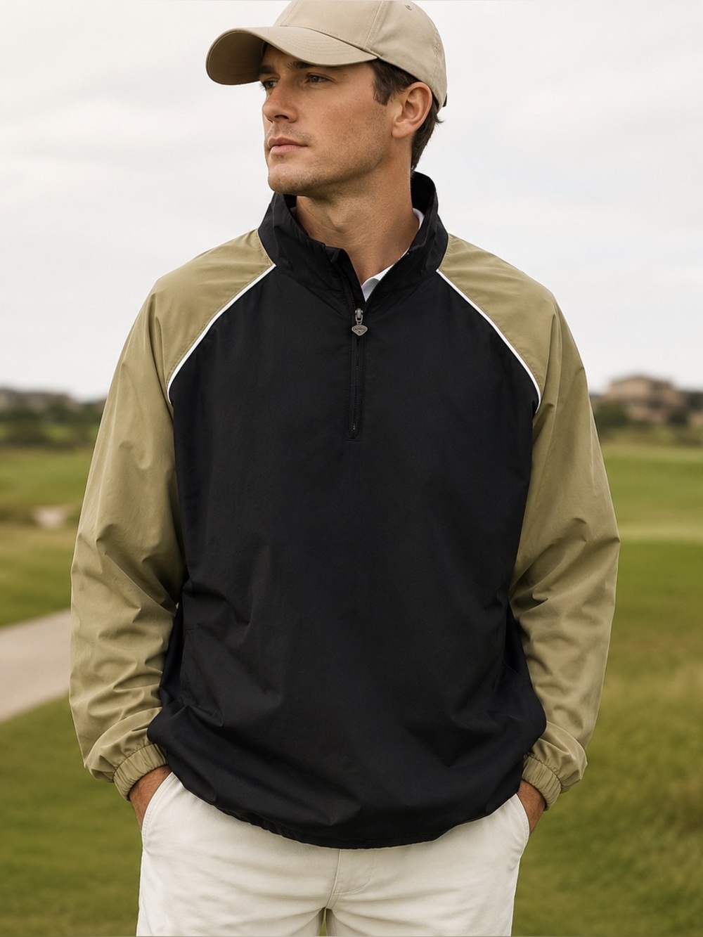 Callaway Golf Sport Mens Sz L Black Tan 1/4 Zip Windbreaker Jacket Y2K Golfcore